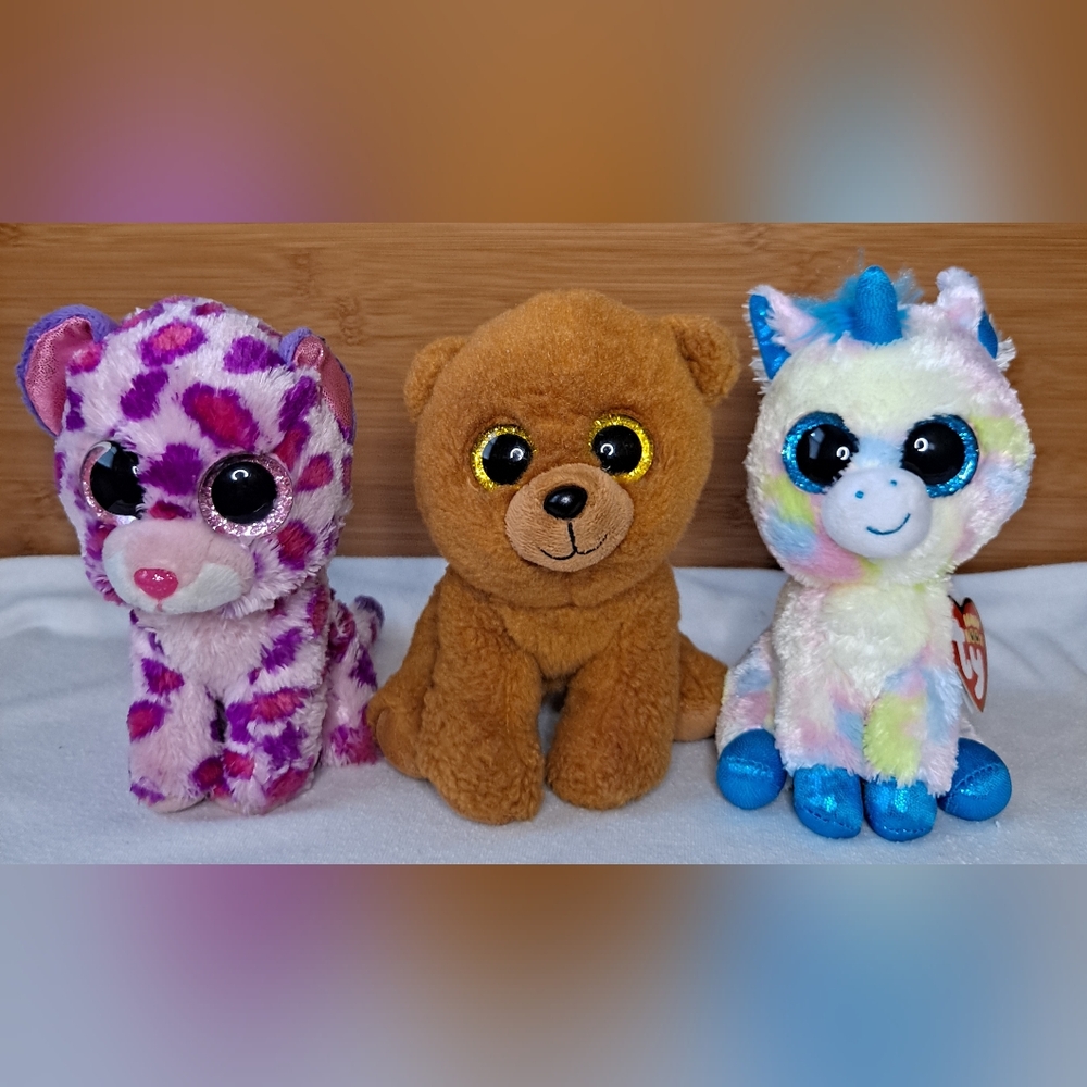 Set of Three TY Plush Toys - Leopard, Bear, and Unicorn